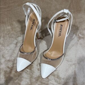 JustFab White and Silver Strappy Heels